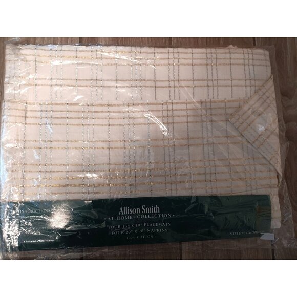 Vintage Allison Smith at Home 4 Placemat & Napkin Set, Gold & Silver Plaid Chris - Picture 3 of 4